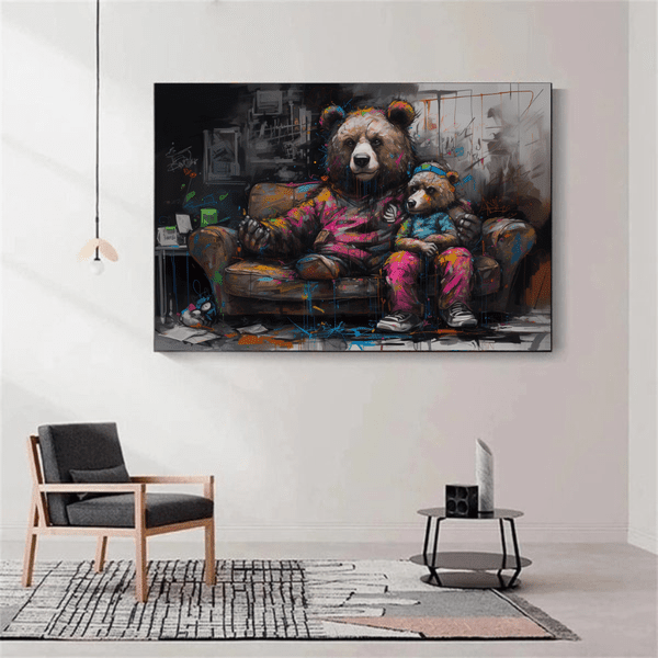 animals canvas wall art - A Bear with its Baby Sitting on Couch Canvas