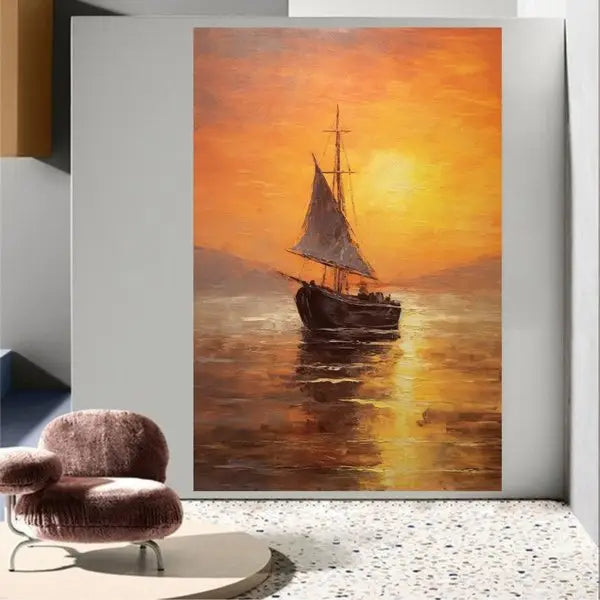 panel set wall art - A Boat at Sunset Landscape Canvas