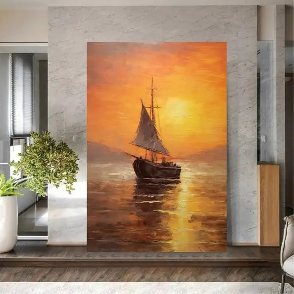 panel set wall art - A Boat at Sunset Landscape Canvas
