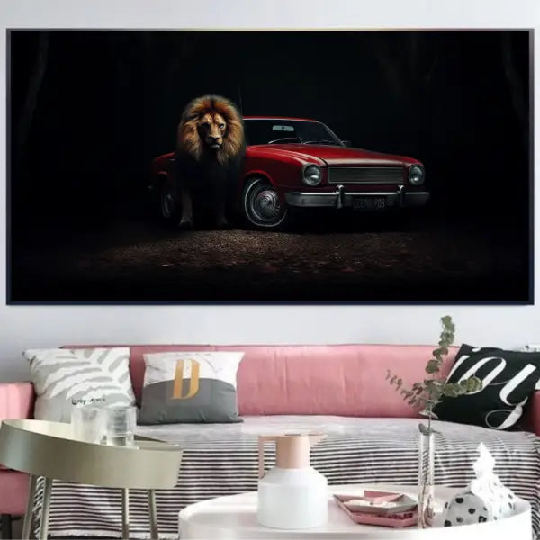 animals canvas wall art - A Car With a Lion in Front of it on a Black Background Canvas