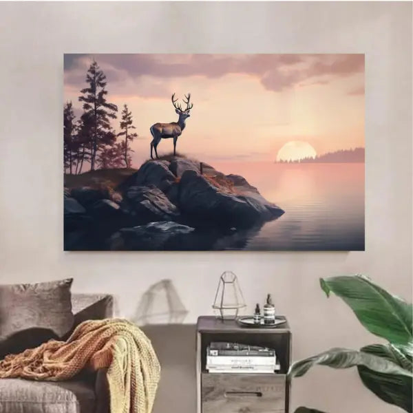 Customized Gift - A Deer Standing on a Top of a Rock in Front of a Sunset Canvas