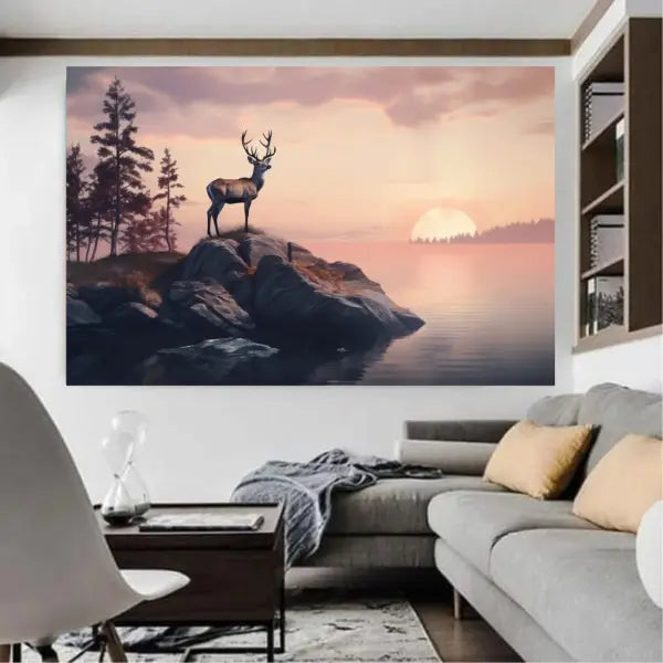 Customized Gift - A Deer Standing on a Top of a Rock in Front of a Sunset Canvas