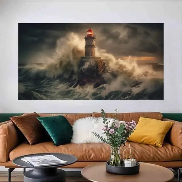 Customized Gift - A Lighthouse Under Large Waves Landscape Canvas