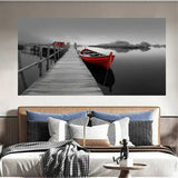 panel set wall art - A Red boat Landscape Canvas