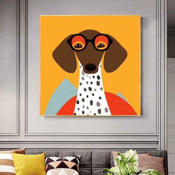 animals canvas wall art - Canine Charisma: A Dog in Glasses Amidst Playful Polka Dots and Vibrant Hues