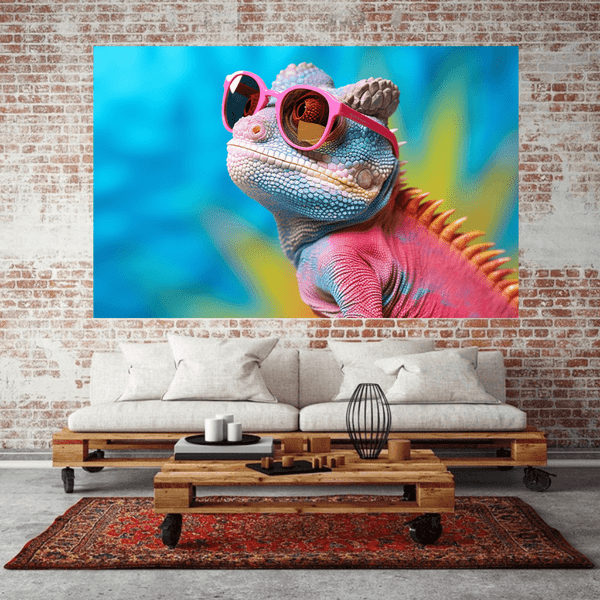 panel set wall art - Vibrant Vision: Pink Chameleon in Rainbow Glasses on a Blue Canvas