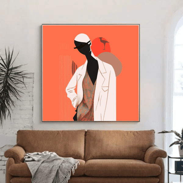 Customized Gift - Woman in Orange Jacket and Sunglasses, Inspired by Minimalistic Compositions
