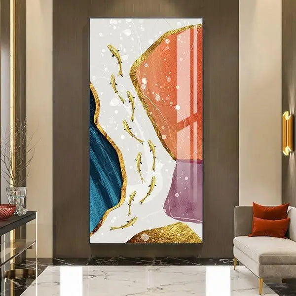 Customized Gift - Colorful Abstract With Golden Fishes Crystal Porcelain