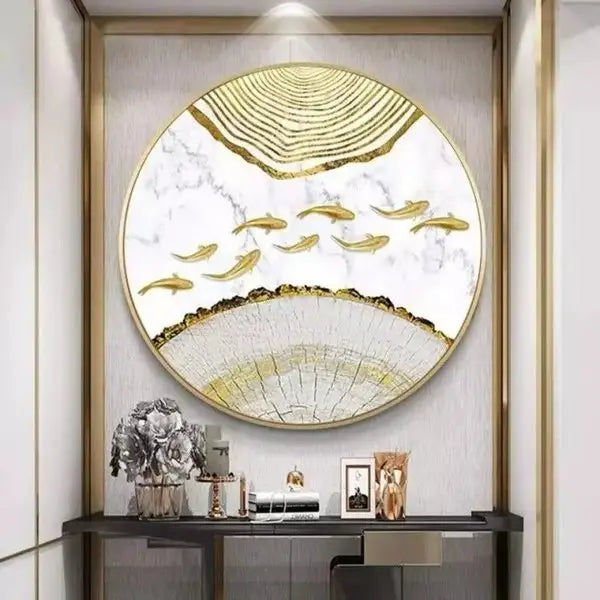 Customized Gift - Gold And White Marble Fishes Round Crystal Porcelain