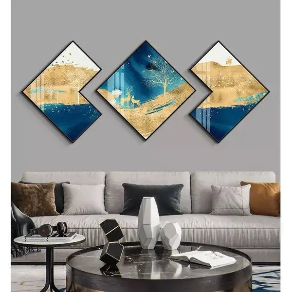Customized Gift - Set Of 3 Gold&Blue Abstract Crystal Porcelain